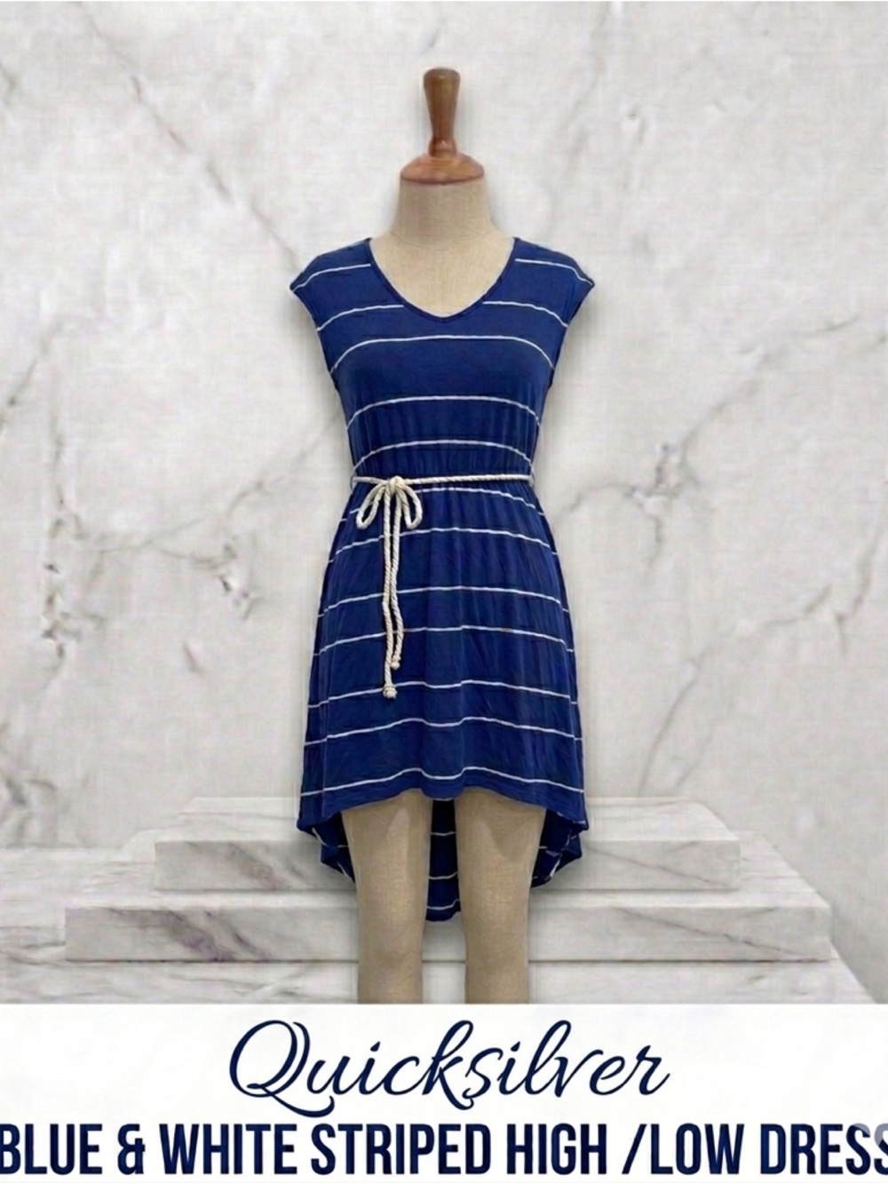 Quiksilver Blue and White Striped High Low Dress Size S